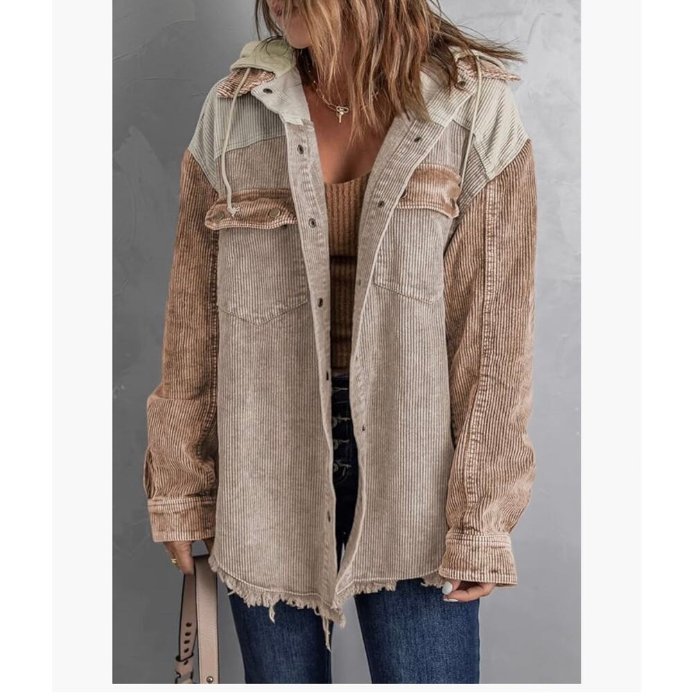 Women’s Beige Corduroy Hooded Jacket Single Breasted Color Block Shacket Size M